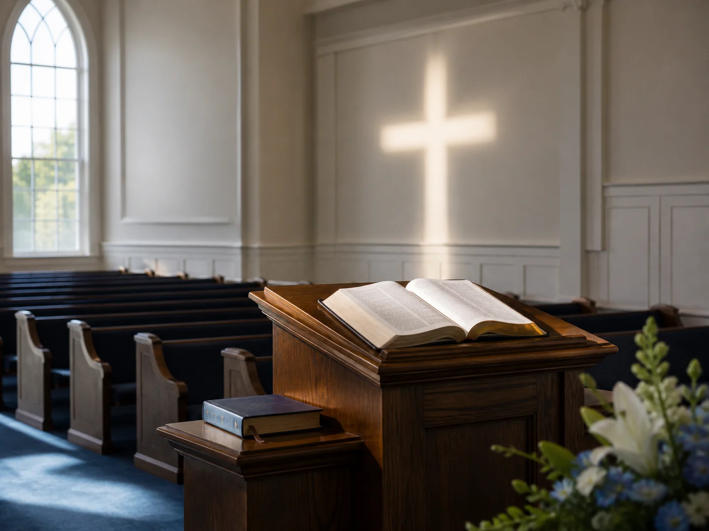 Púlpito con una Biblia abierta en el lugar de adoración