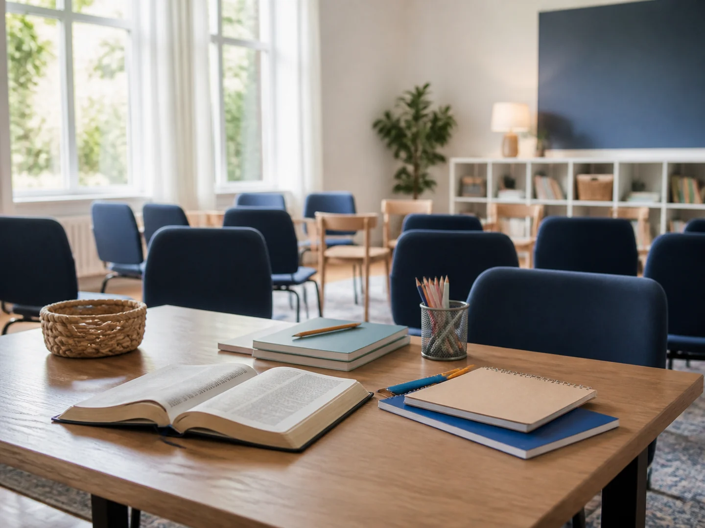 Biblia, cuadernos y sillas dispuestas para la Escuela Dominical