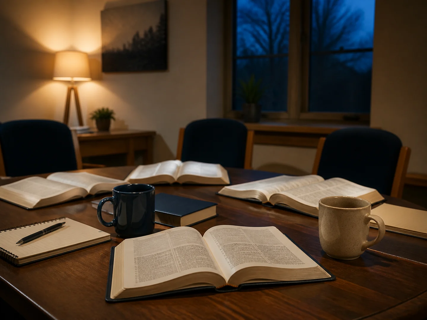 Biblias y cuadernos dispuestos para el estudio bíblico semanal