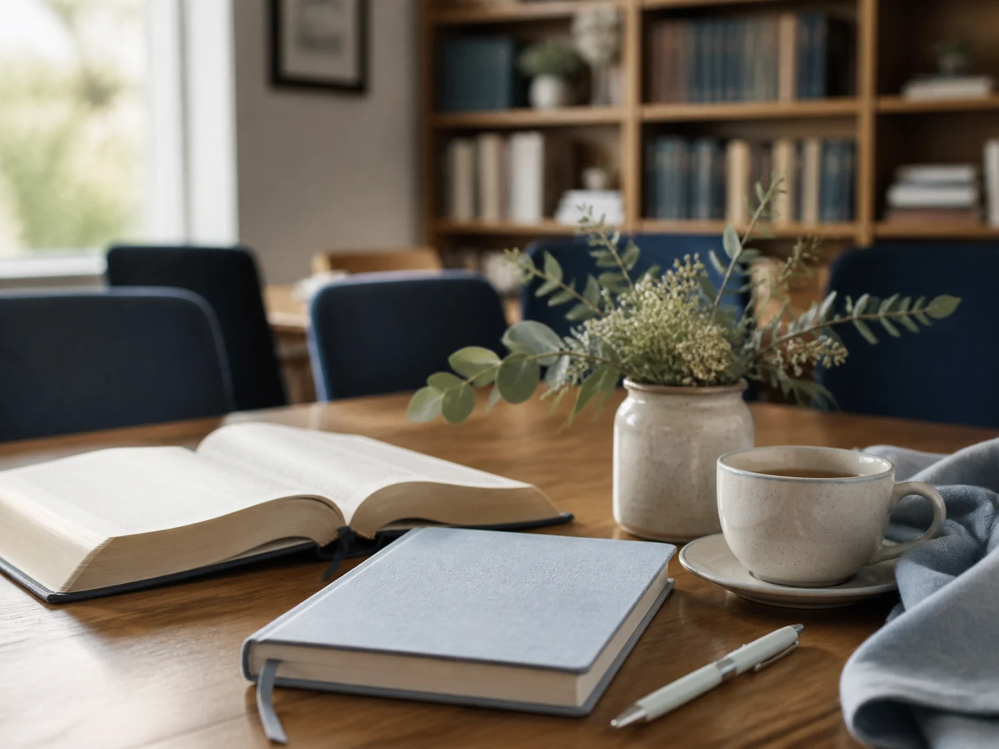 Biblia, cuaderno azul y taza dispuestos para el estudio de mujeres